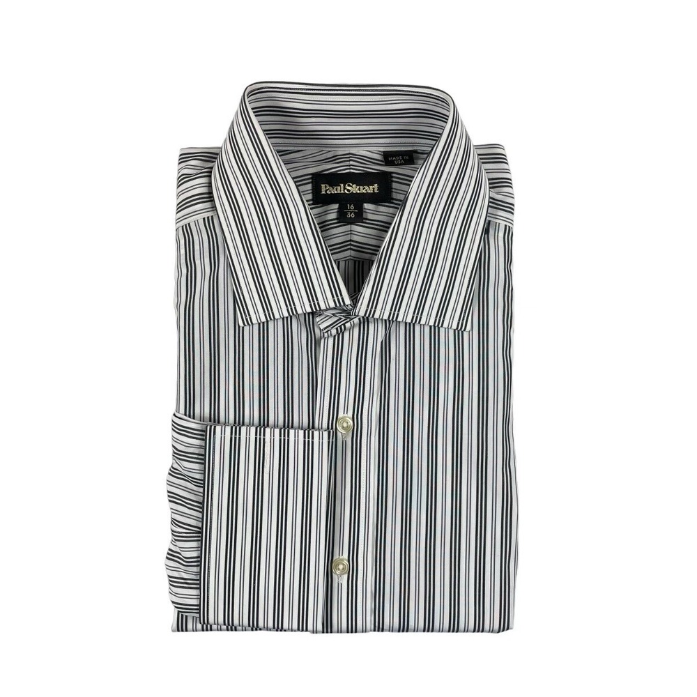 Paul Stuart White Black Striped Cotton French Cuff Dress Shirt 16 36 USA NWT
